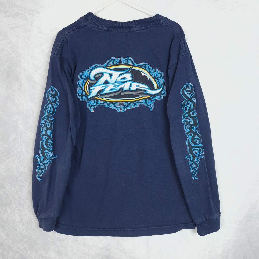 Vintage Y2K No Fear Shirt Boys Medium Blue Long Sleeve Hit Tribal Graphic Logo